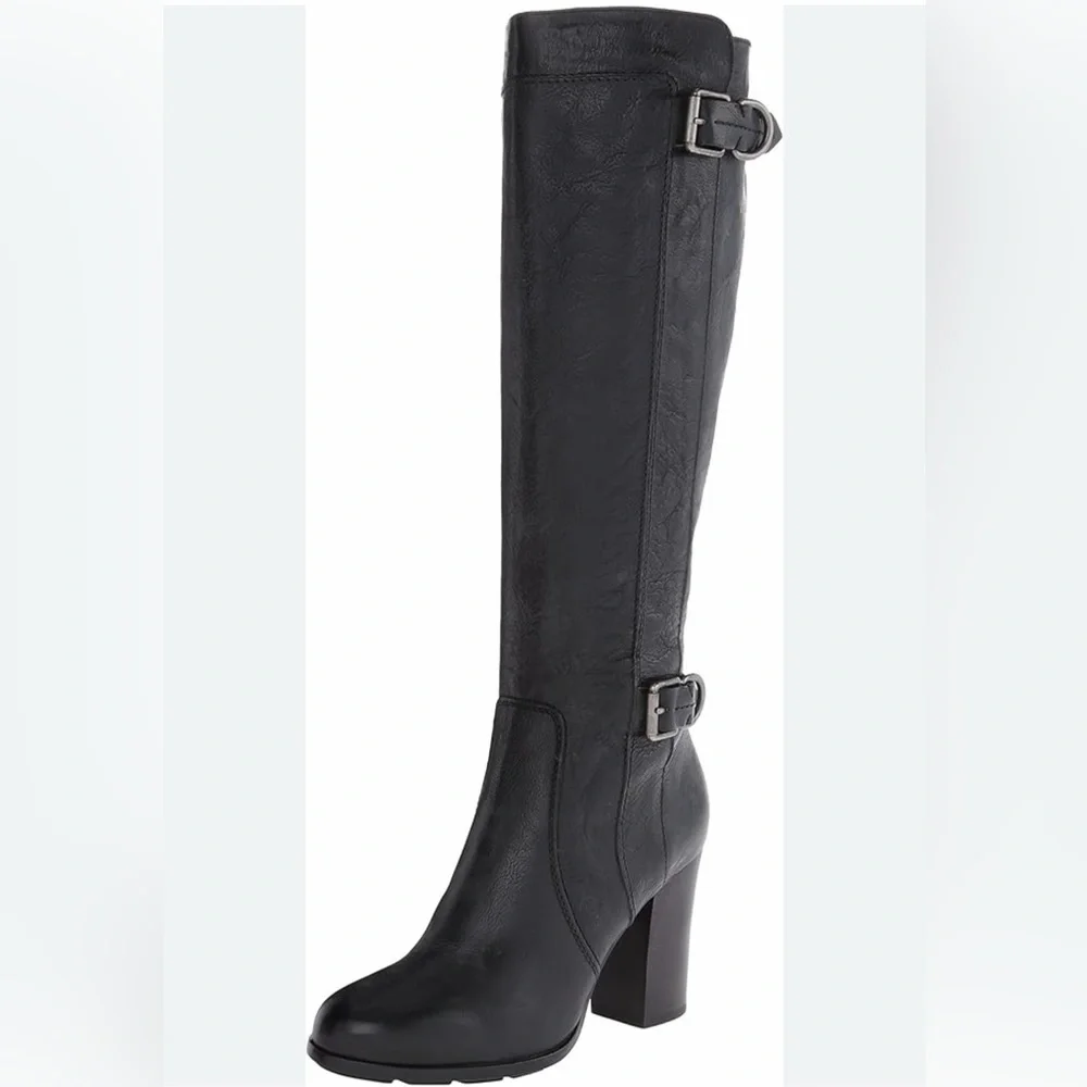 FRYE $350 Black Leather Heeled Knee-high Buckles Inside Zipper Boots‎ Sz 5.5 EUC